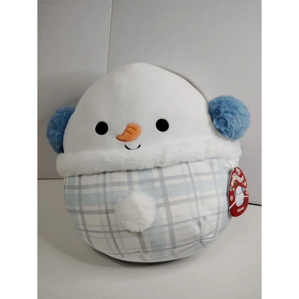 Squishmallows Manny Snowman Plush White/Blue/Gray Plaid Earmuffs, 2022
